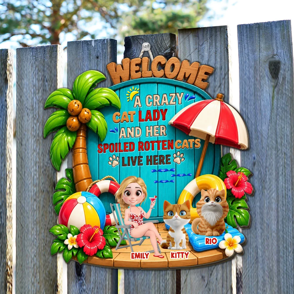 A Crazy Cat And Human In Summer - Personalized Custom 3D Effect Wood Sign - Image 3