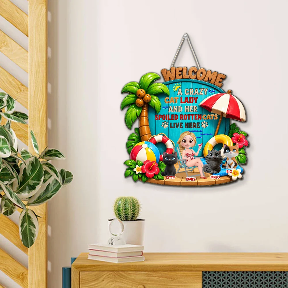 A Crazy Cat And Human In Summer - Personalized Custom 3D Effect Wood Sign - Image 4