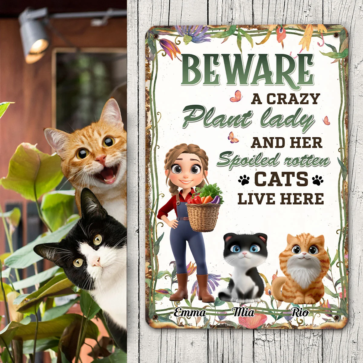 A Crazy Plant Lady And Cats- Personalized Custom Metal Sign - Image 2