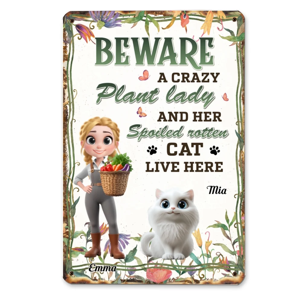 A Crazy Plant Lady And Cats- Personalized Custom Metal Sign - Image 6