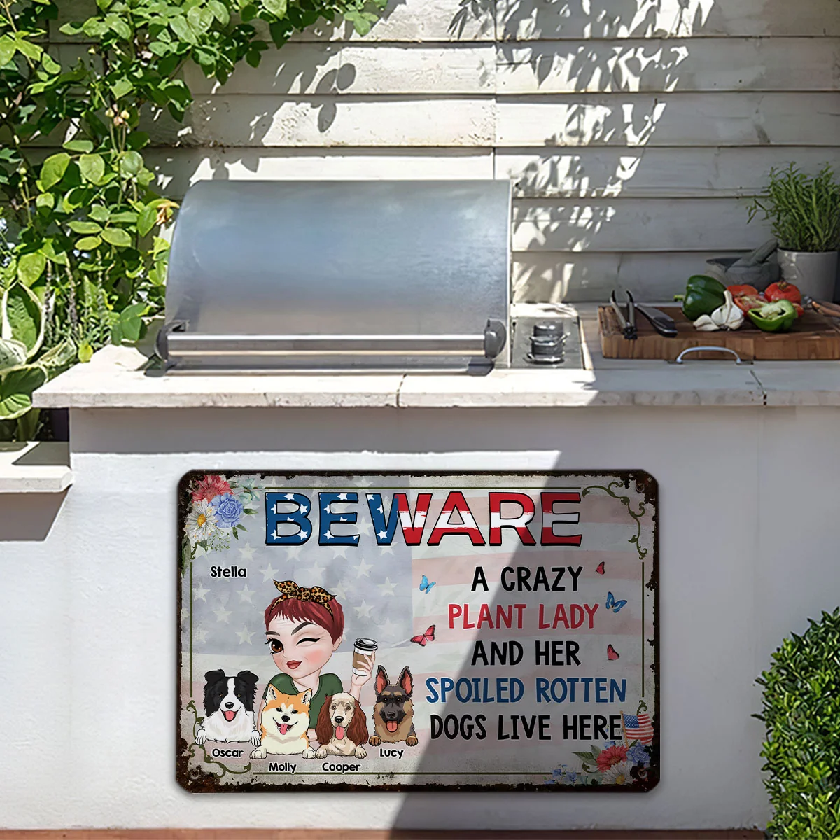 A Crazy Plant Lady & Her Spoiled Rotten Dog 4th Of July - Personalized Custom Metal Sign - Image 3