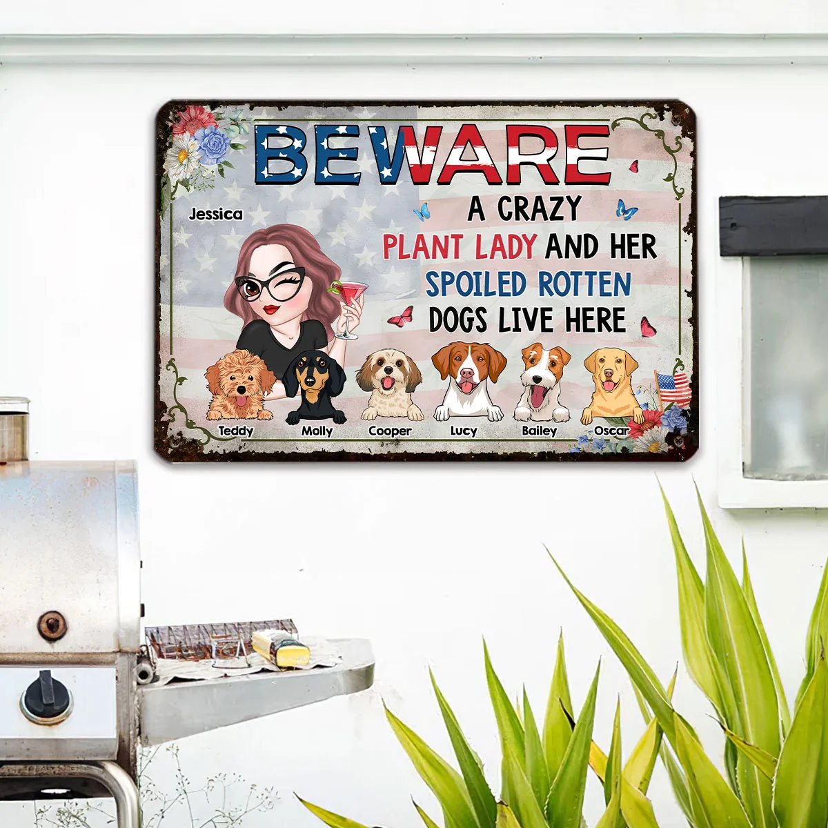 A Crazy Plant Lady & Her Spoiled Rotten Dog 4th Of July - Personalized Custom Metal Sign - Image 4