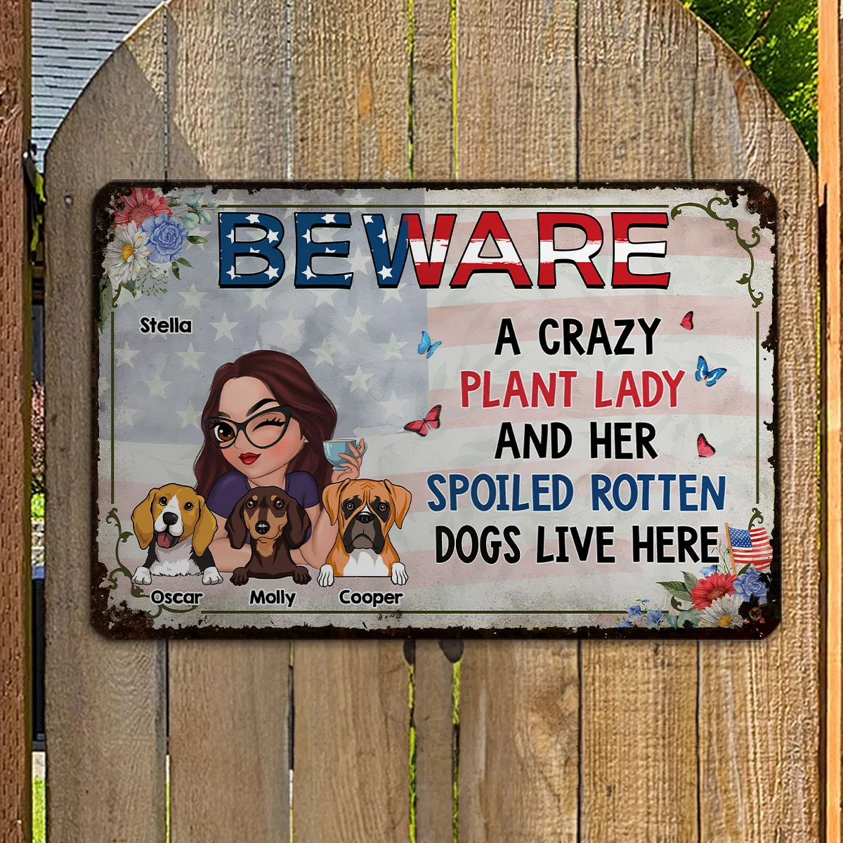A Crazy Plant Lady & Her Spoiled Rotten Dog 4th Of July - Personalized Custom Metal Sign - Image 5
