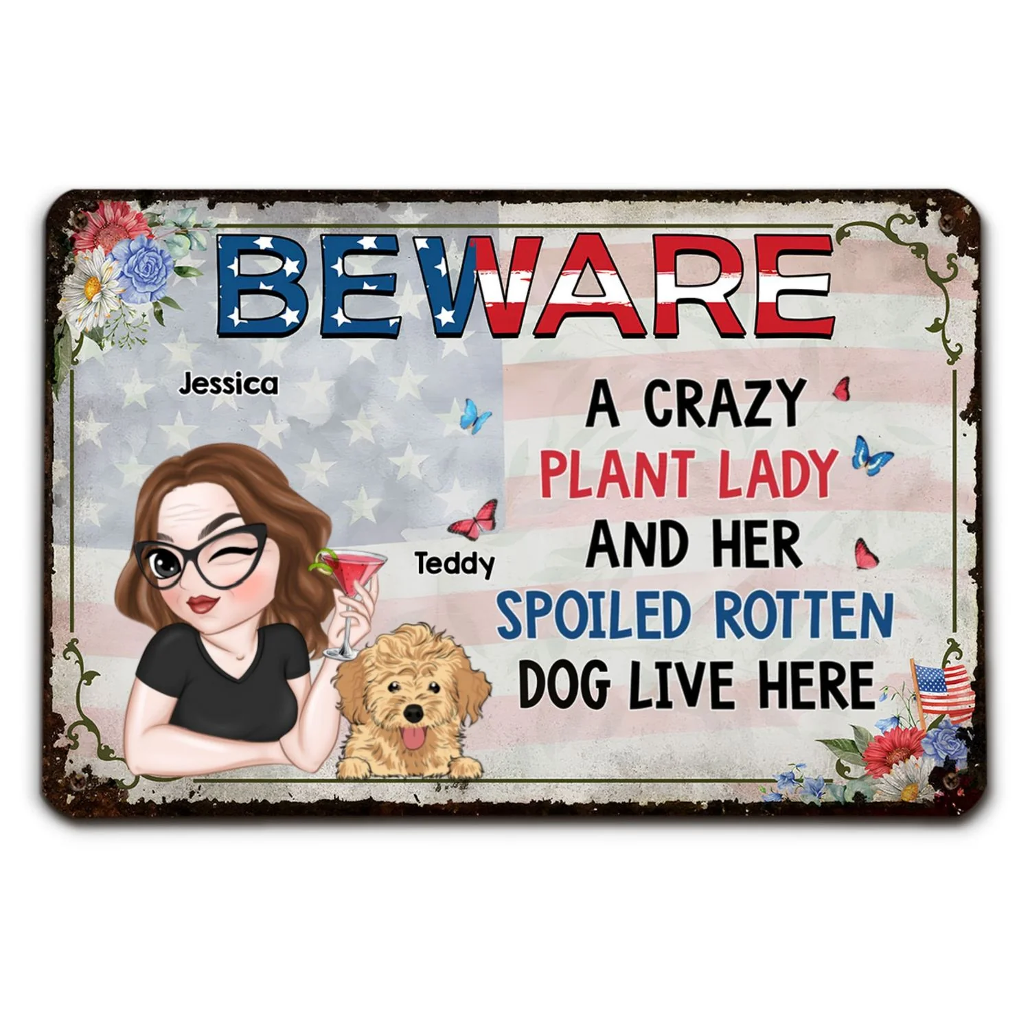 A Crazy Plant Lady & Her Spoiled Rotten Dog 4th Of July - Personalized Custom Metal Sign - Image 7
