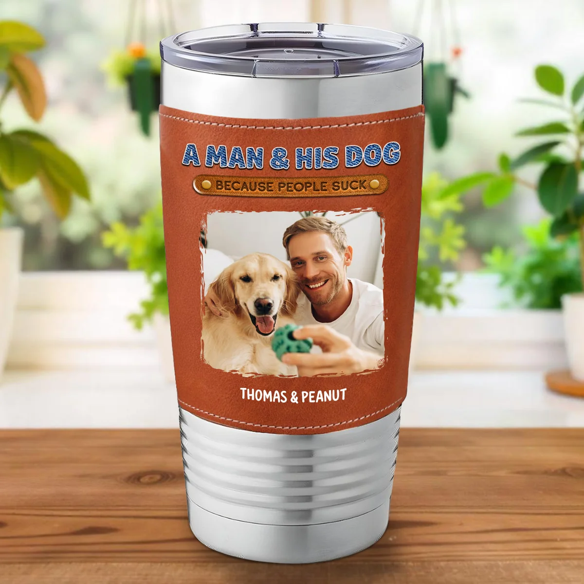 A Gentleman And His Dog Photo - Personalized Custom Leather Tumbler