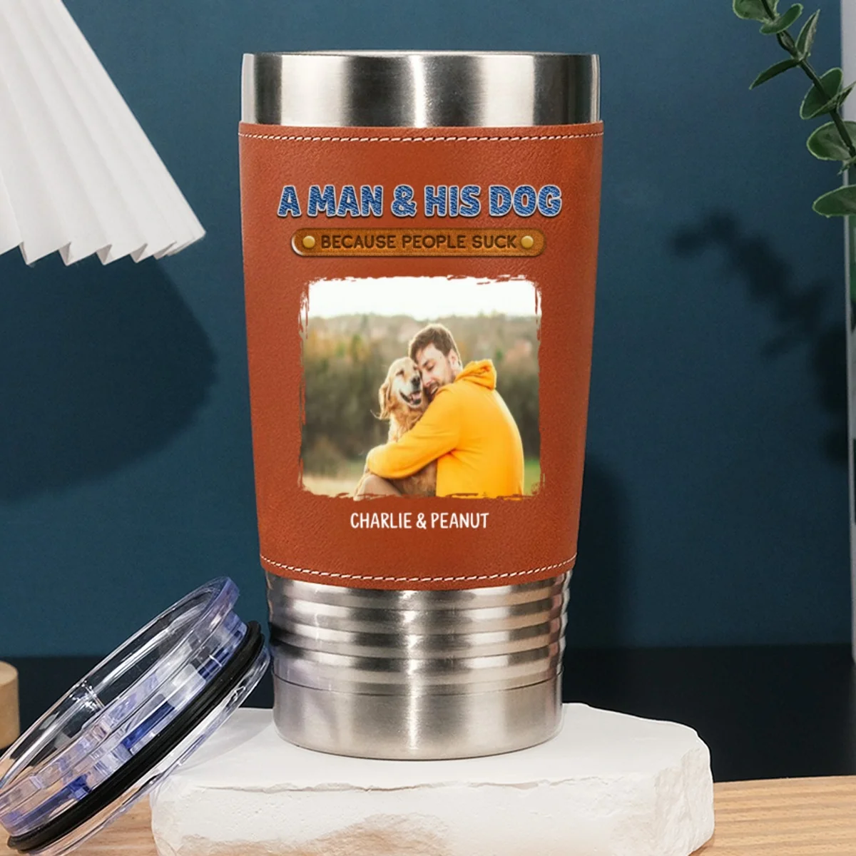 A Gentleman And His Dog Photo - Personalized Custom Leather Tumbler - Image 2