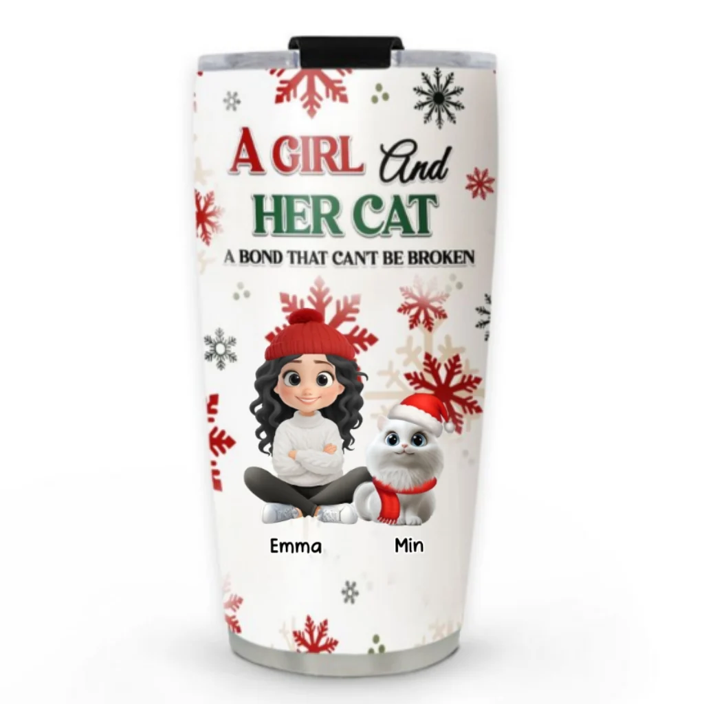 A Girl And Her Cat Love Christmas - Personalized Custom Tumbler - Image 4