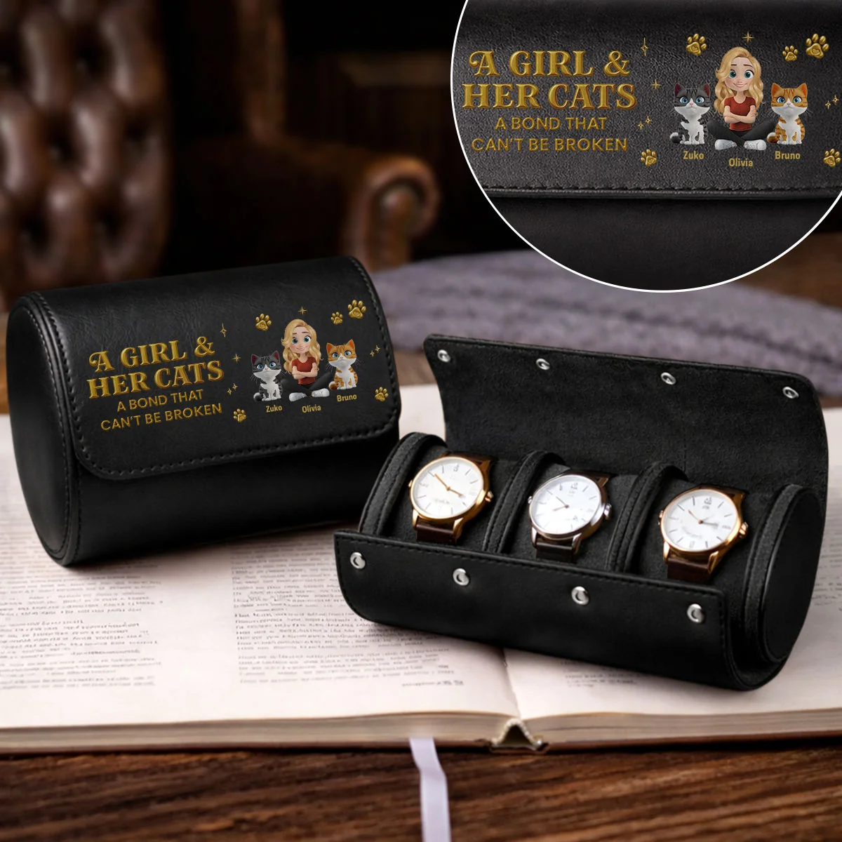 A Girl And Her Cat - Personalized Custom Leather Watch Case
