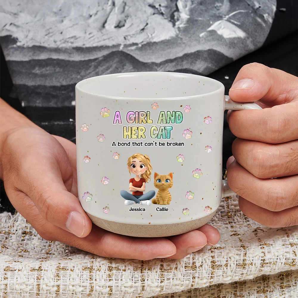 A Girl And Her Cat - Personalized Custom Pottery Mug - Image 4