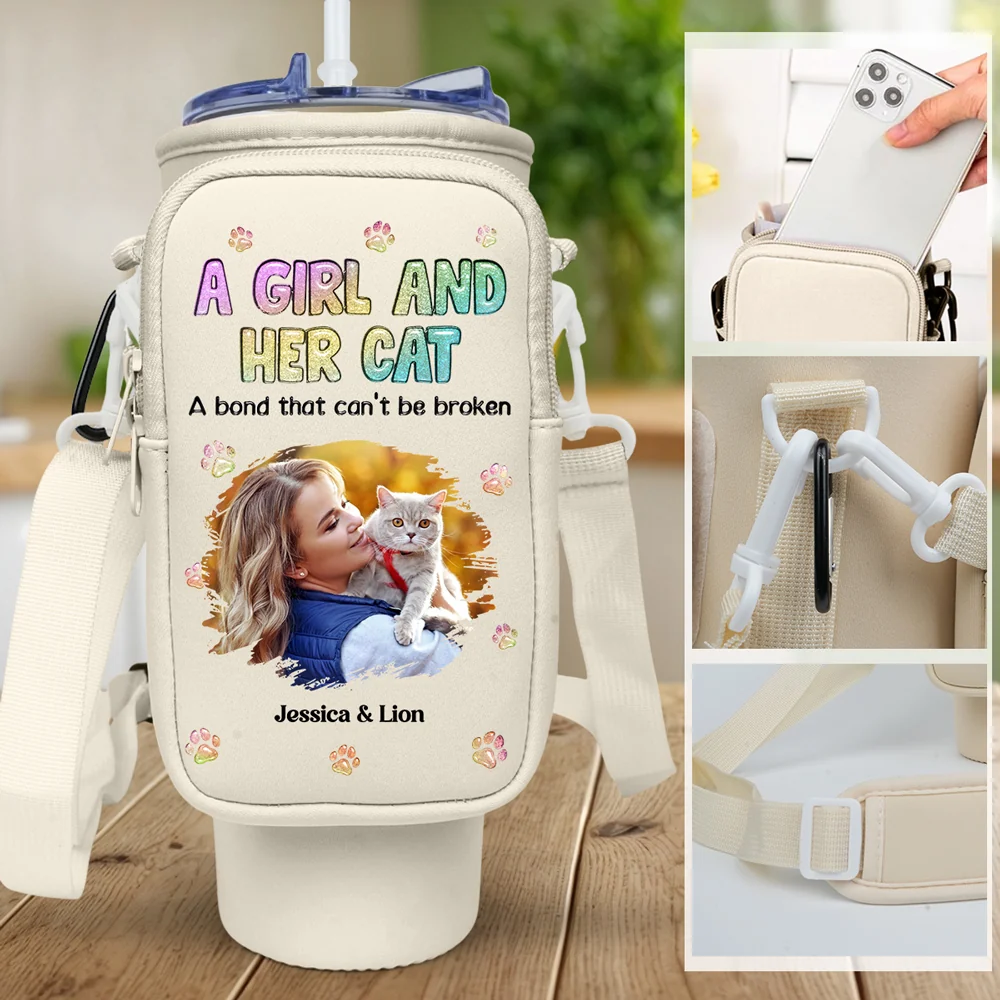 A Girl And Her Cat Photo - Personalized Custom 40oz Water Bottle Carrier Bag