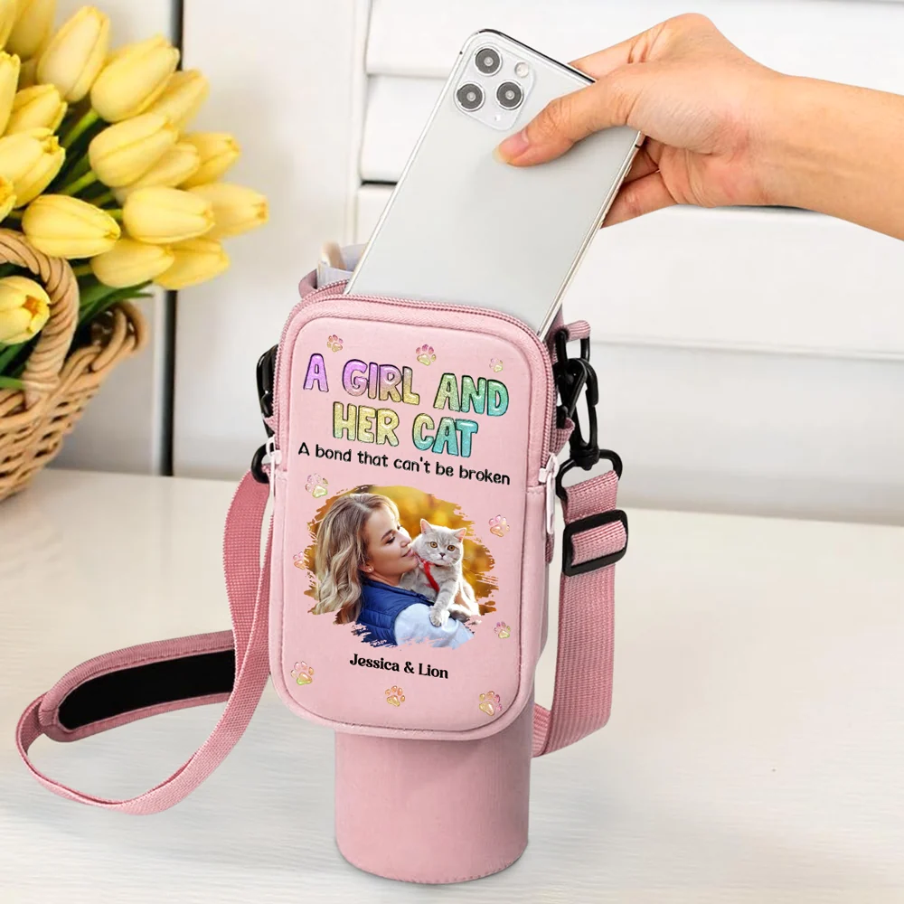A Girl And Her Cat Photo - Personalized Custom 40oz Water Bottle Carrier Bag - Image 2