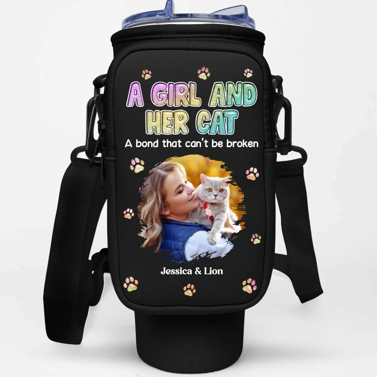 A Girl And Her Cat Photo - Personalized Custom 40oz Water Bottle Carrier Bag - Image 3