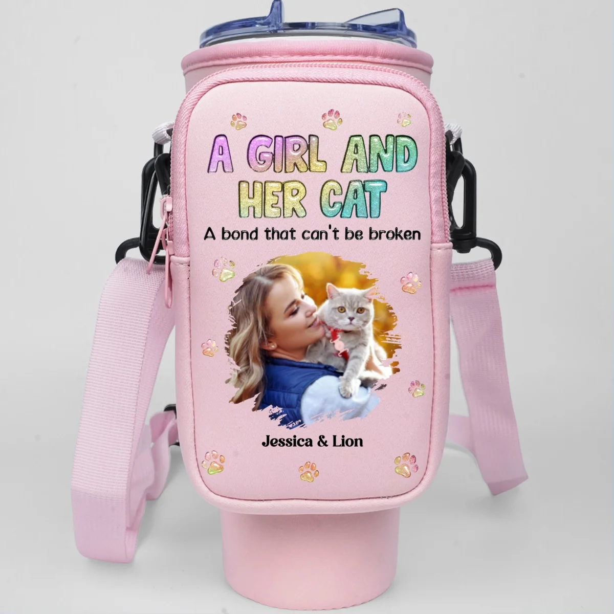 A Girl And Her Cat Photo - Personalized Custom 40oz Water Bottle Carrier Bag - Image 4