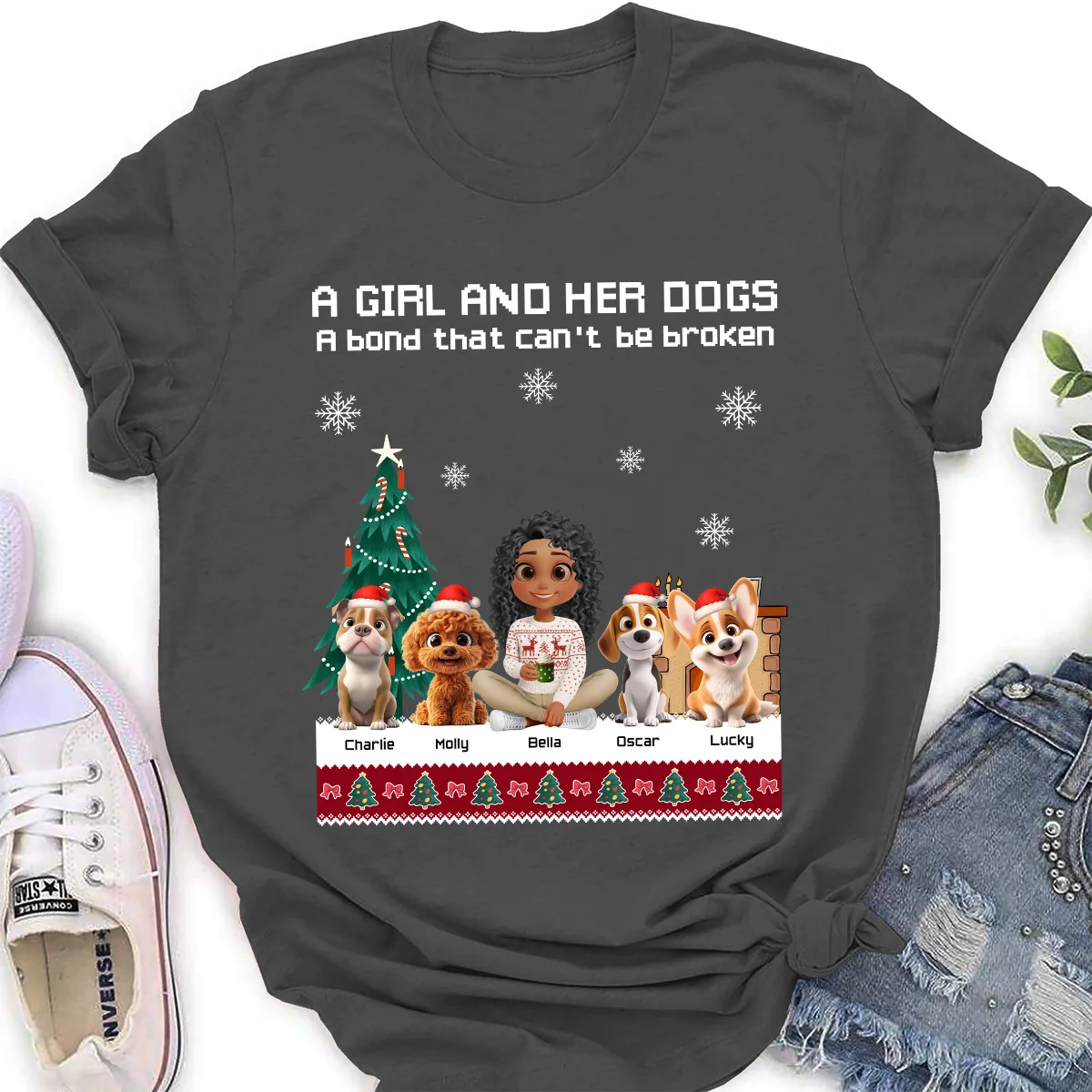 A Girl And Her Dog Christmas - Personalized Custom Women's T-Shirt - Image 5