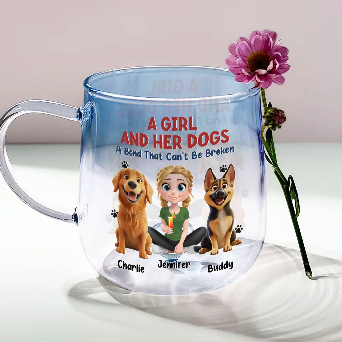 A Girl And Her Dog - Personalized Custom Blue Gradient Glass Mug - Image 2