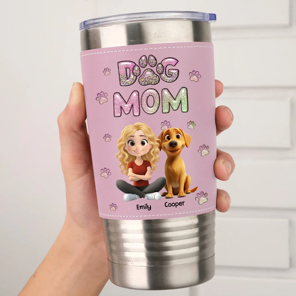 A Girl And Her Dog - Personalized Custom Pink Leather Tumbler - Image 2