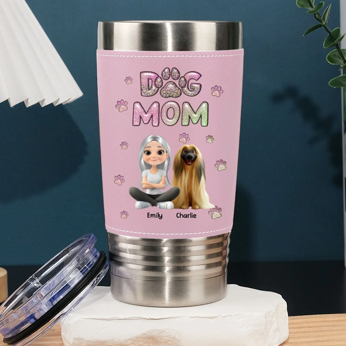 A Girl And Her Dog - Personalized Custom Pink Leather Tumbler - Image 6