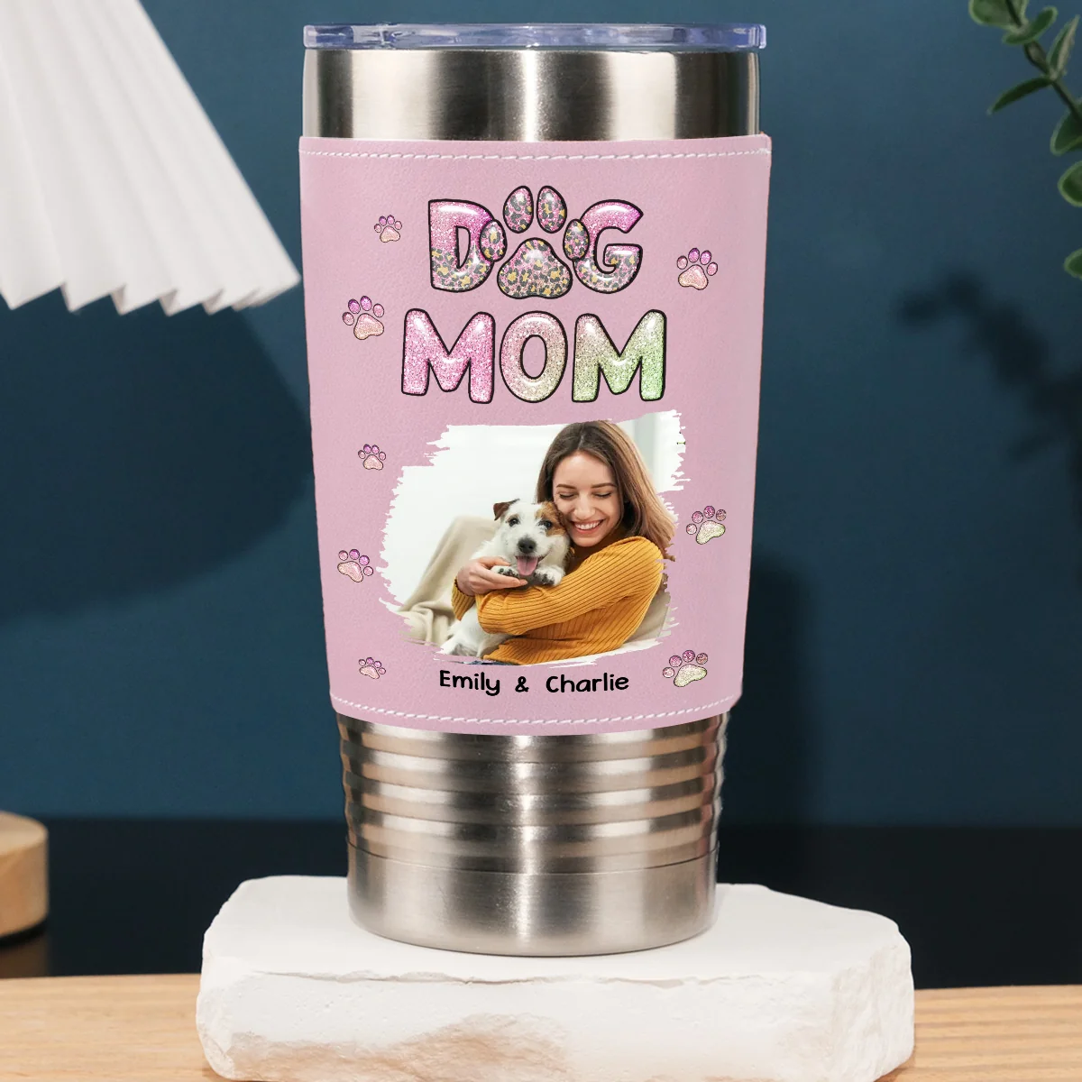 A Girl And Her Dog Photo - Personalized Custom Pink Leather Tumbler