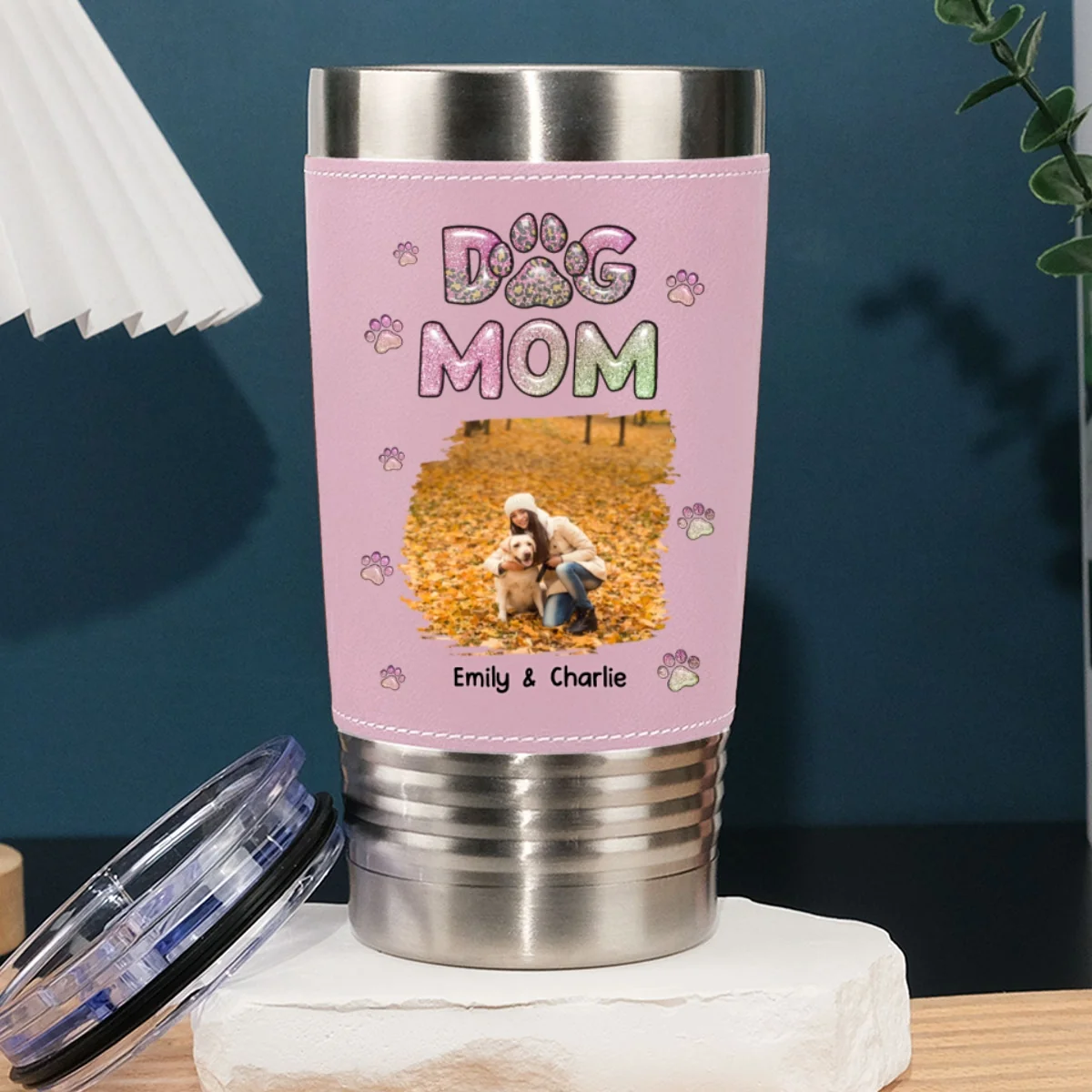 A Girl And Her Dog Photo - Personalized Custom Pink Leather Tumbler - Image 4