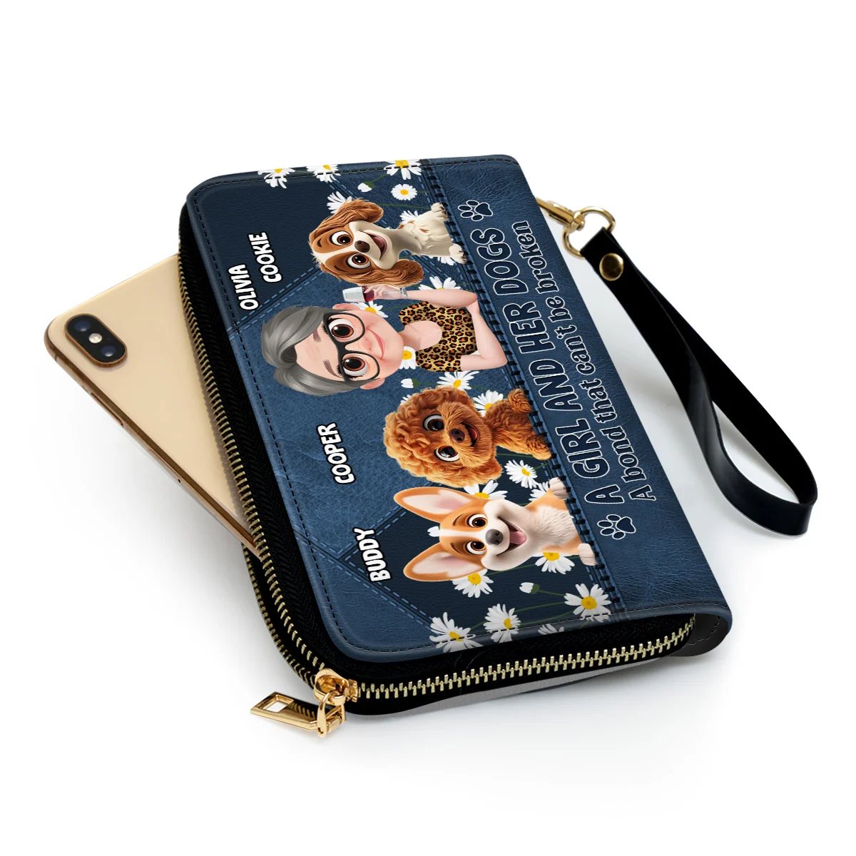 A Girl And Her Dogs Cartoon - Personalized Custom Leather Wallet - Image 3