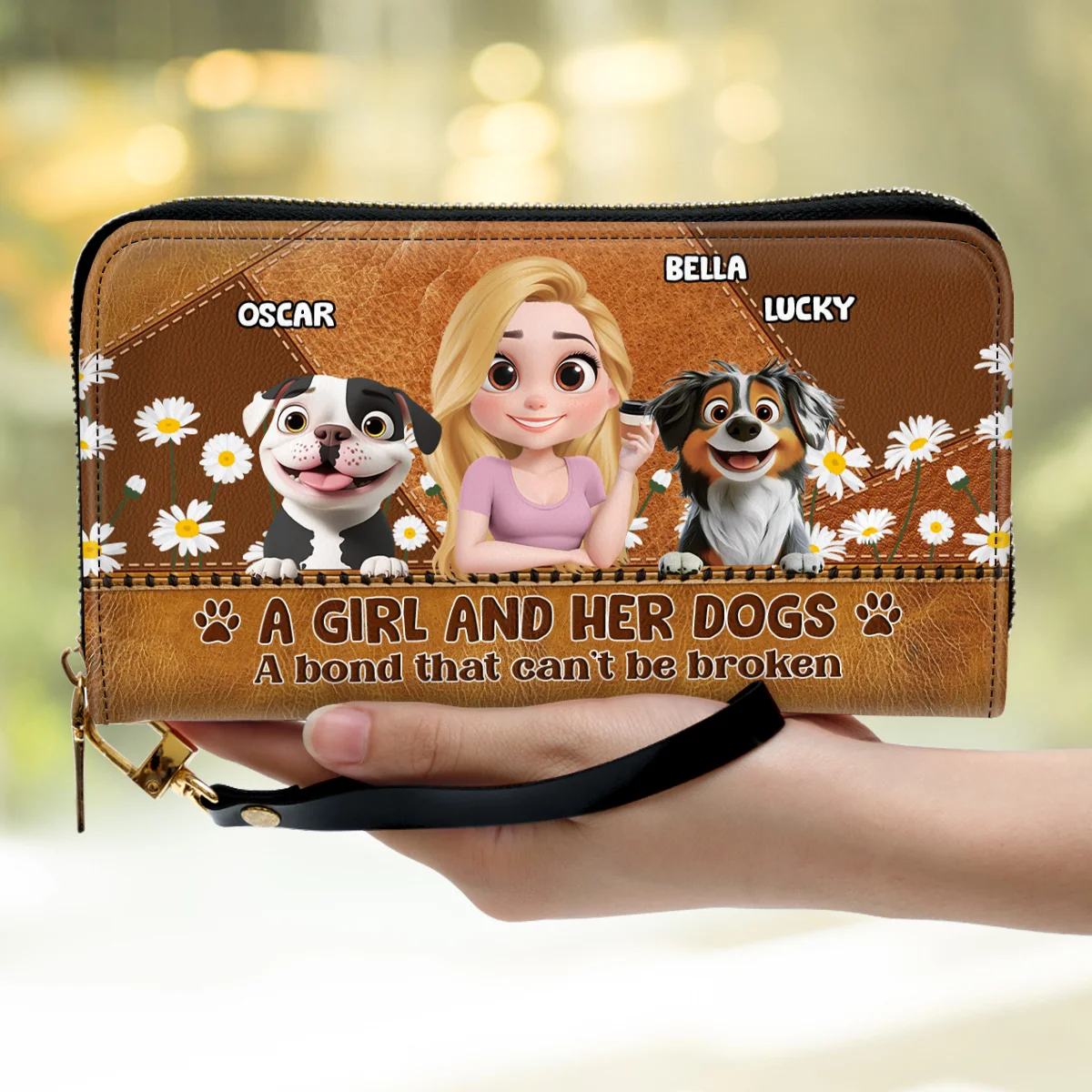 A Girl And Her Dogs Cartoon - Personalized Custom Leather Wallet - Image 4