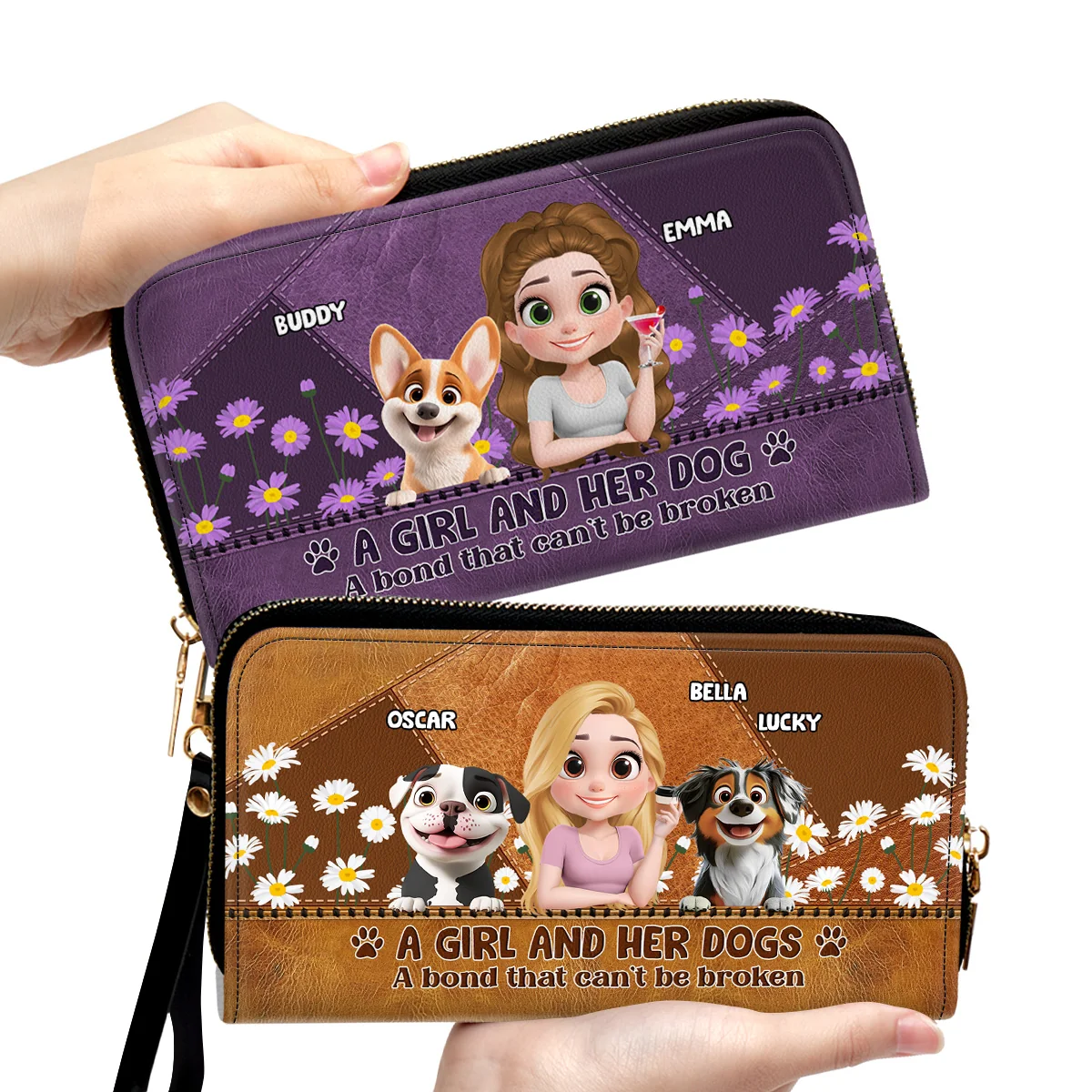 A Girl And Her Dogs Cartoon - Personalized Custom Leather Wallet - Image 5