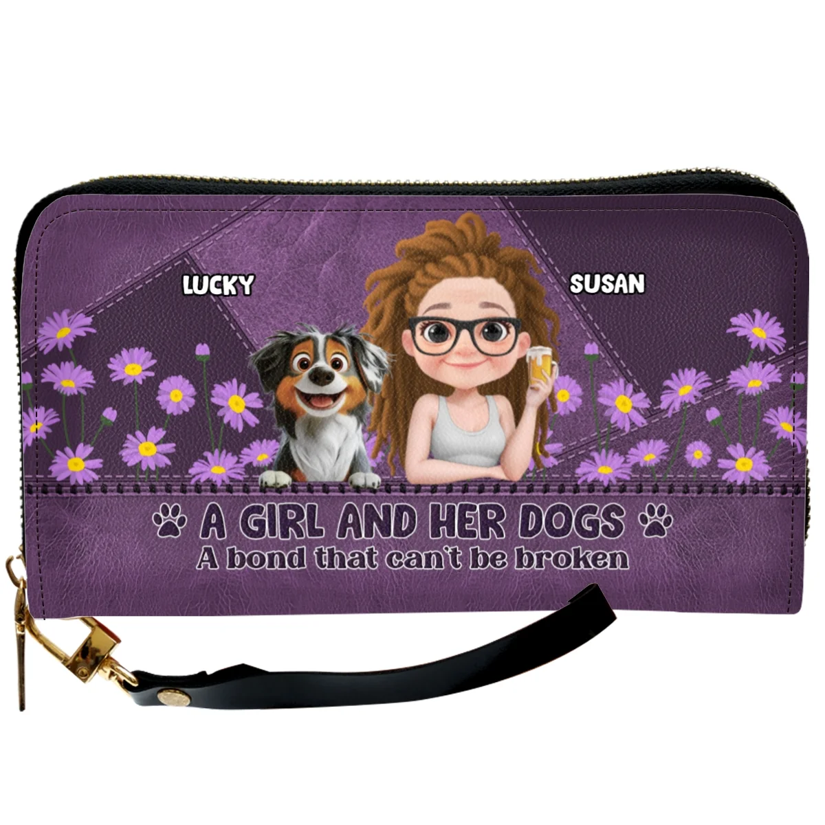 A Girl And Her Dogs Cartoon - Personalized Custom Leather Wallet - Image 7