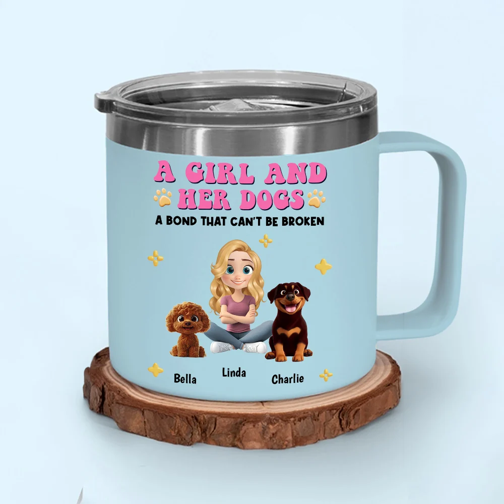 A Girl And Her Dogs - Personalized Custom 14oz Stainless Steel Tumbler With Handle - Image 2