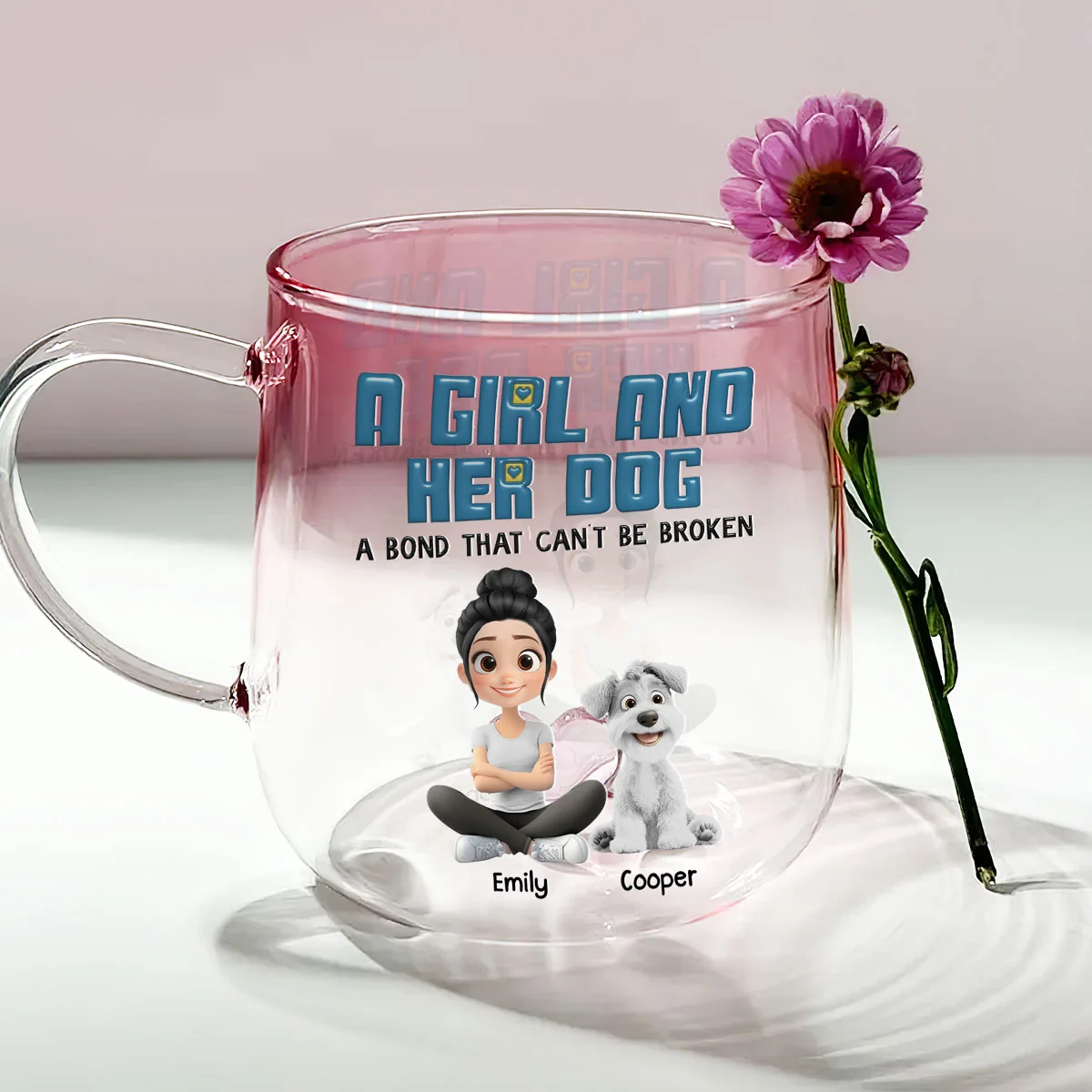 A Girl And Her Dogs - Personalized Custom Pink Gradient Glass Mug - Image 2
