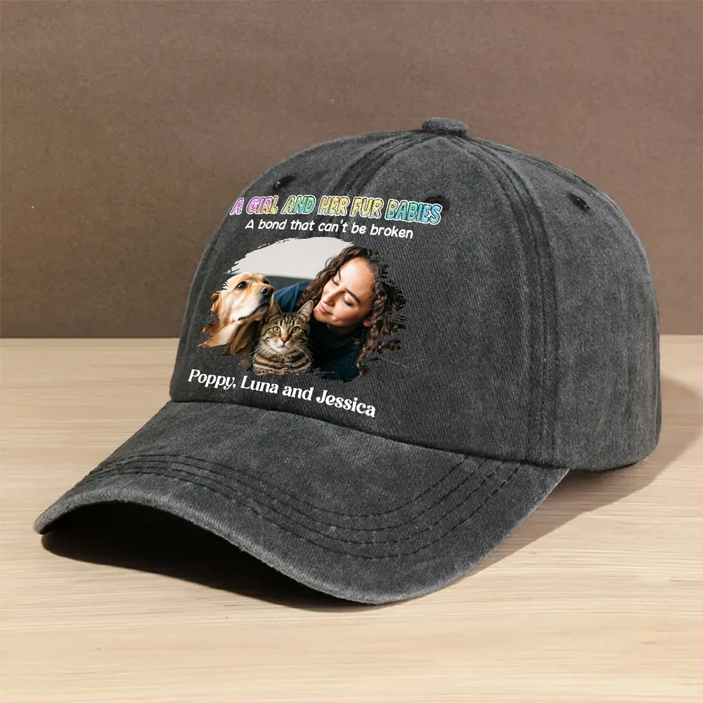 A Girl And Her Fur Babies Photo - Personalized Custom Vintage Washed Denim Cap - Image 3