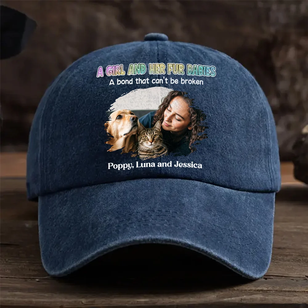 A Girl And Her Fur Babies Photo - Personalized Custom Vintage Washed Denim Cap - Image 2
