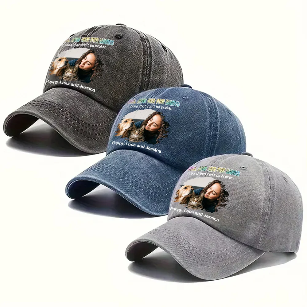 A Girl And Her Fur Babies Photo - Personalized Custom Vintage Washed Denim Cap - Image 3