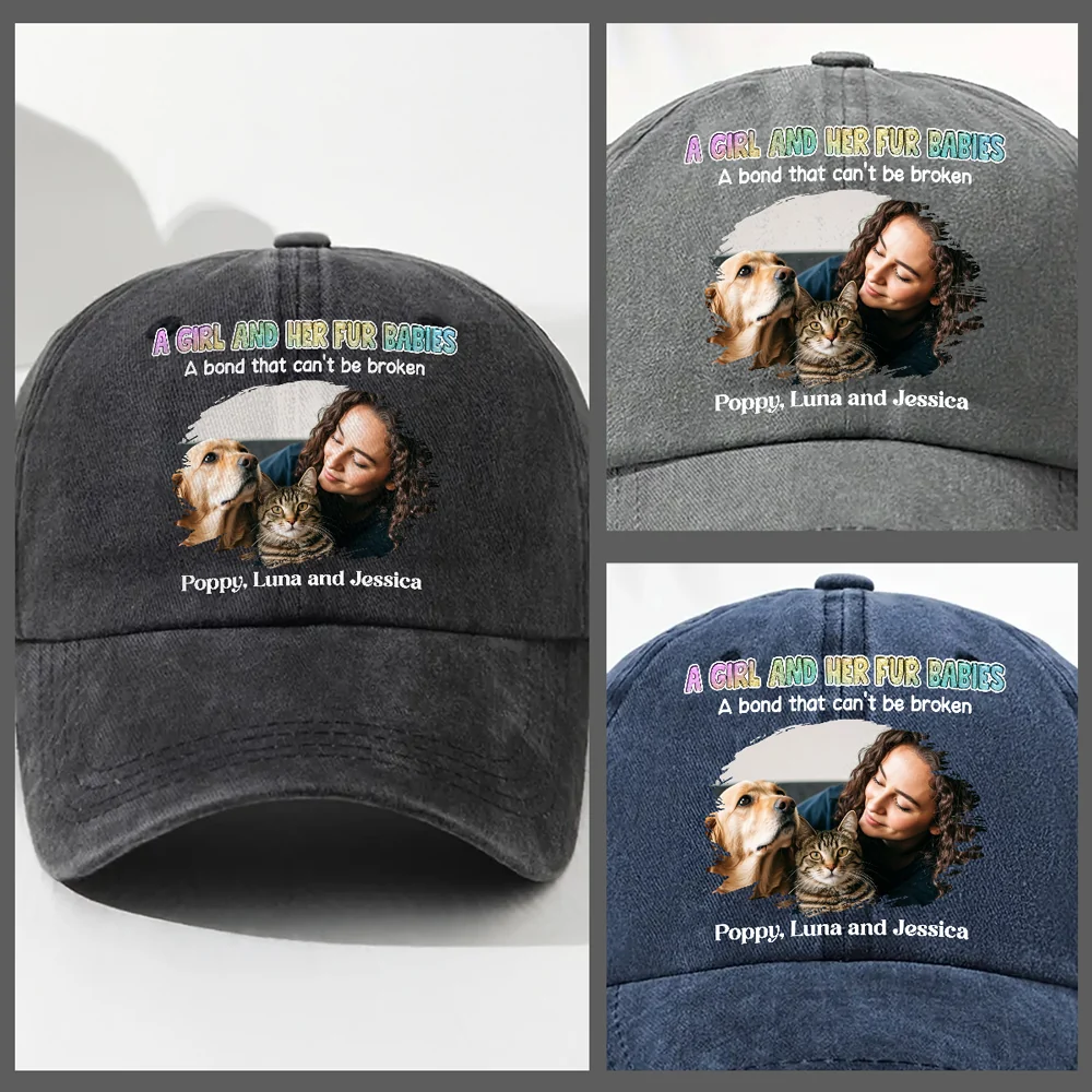 A Girl And Her Fur Babies Photo - Personalized Custom Vintage Washed Denim Cap - Image 4
