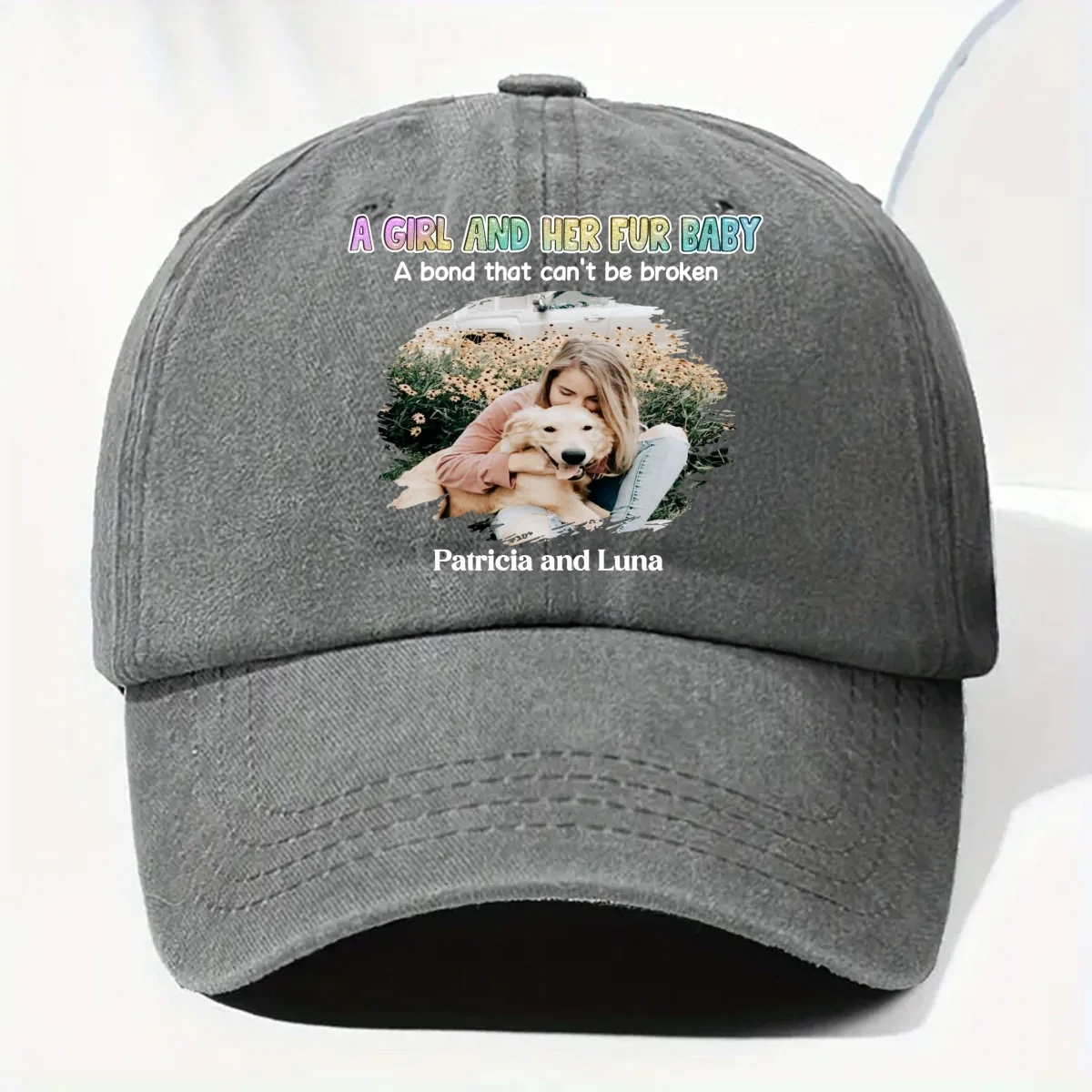 A Girl And Her Fur Babies Photo - Personalized Custom Vintage Washed Denim Cap - Image 9