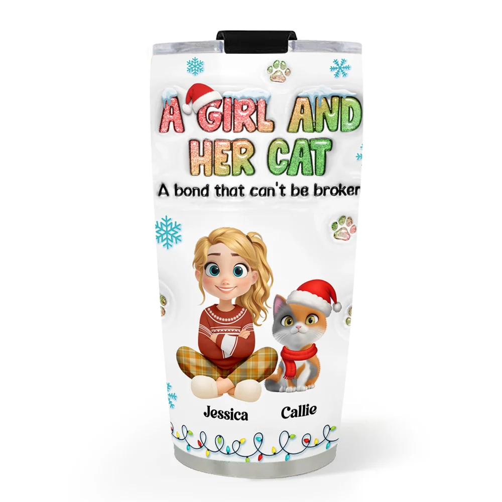 A Girl And Her Lovely Cat Christmas - Personalized Custom 3D Inflated Effect Tumbler