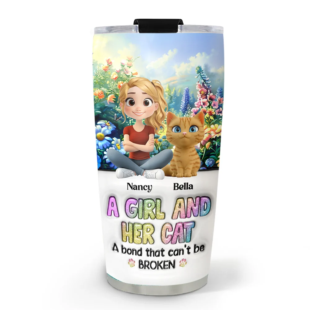 A Girl And Her Lovely Cat - Personalized Custom 3D Inflated Effect Tumbler