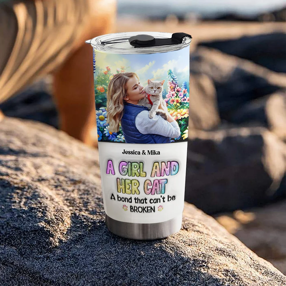 A Girl And Her Lovely Cat Photo - Personalized Custom 3D Inflated Effect Tumbler - Image 2