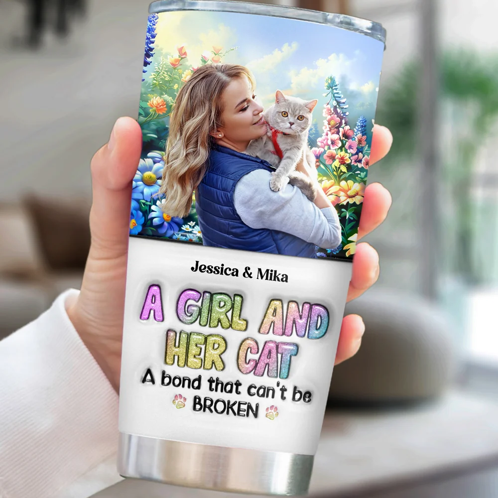 A Girl And Her Lovely Cat Photo - Personalized Custom 3D Inflated Effect Tumbler - Image 5