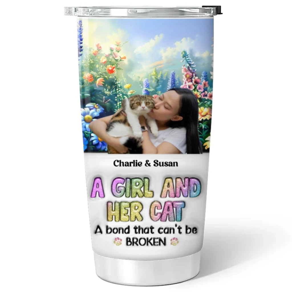 A Girl And Her Lovely Cat Photo - Personalized Custom 3D Inflated Effect Tumbler - Image 8