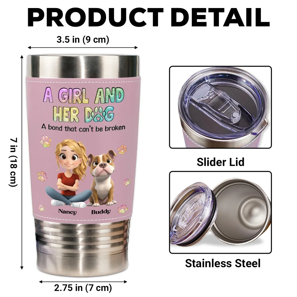 A Girl And Her Lovely Dog - Personalized Custom Pink Leather Tumbler - Image 7