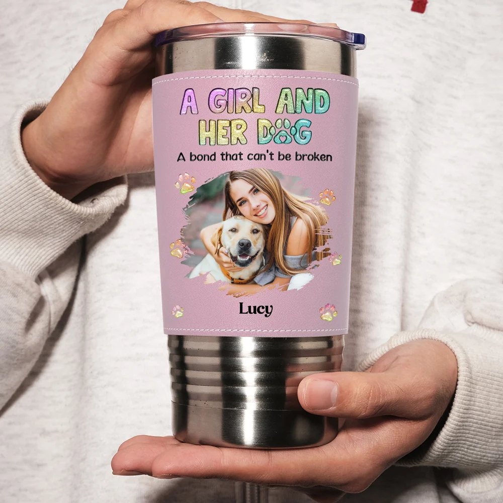 A Girl And Her Lovely Dog Photo - Personalized Custom Pink Leather Tumbler - Image 4