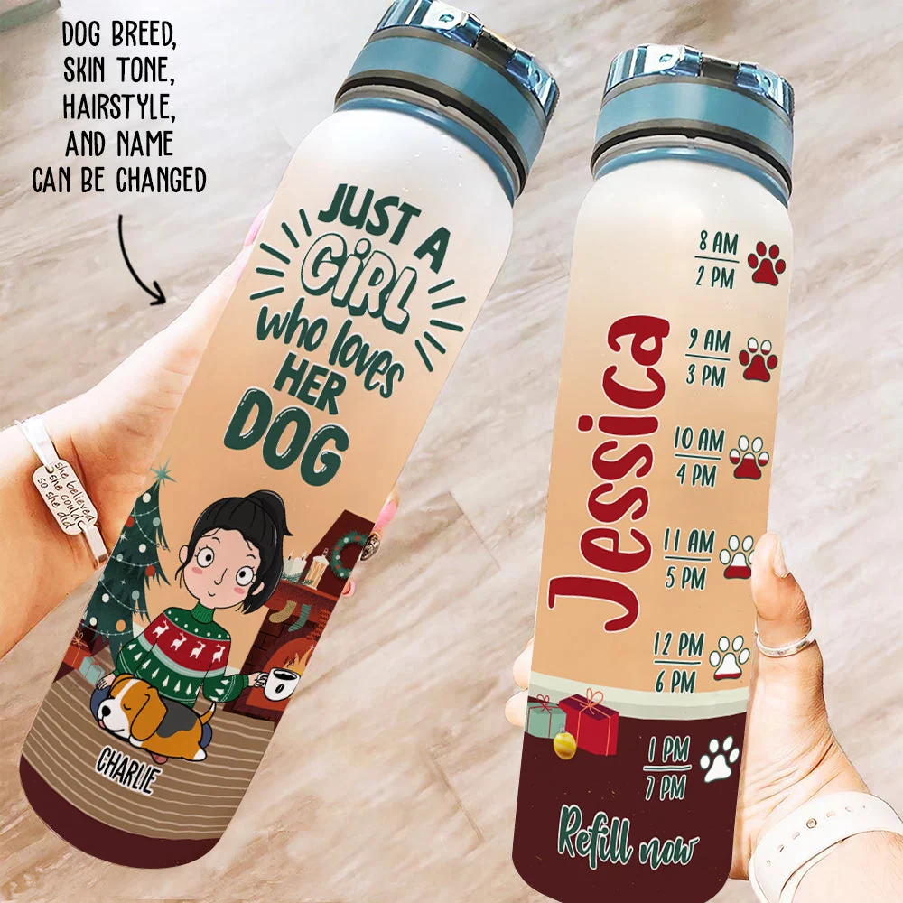 A Girl Loves Dog Christmas - Personalized Custom Water Tracker Bottle - Image 4