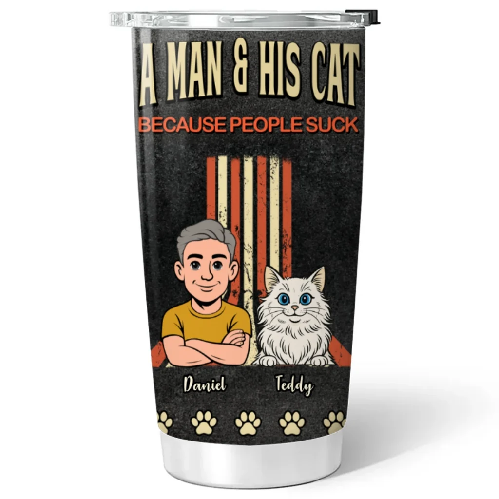 A Man And His Retro Cat - Personalized Custom Tumbler - Image 6