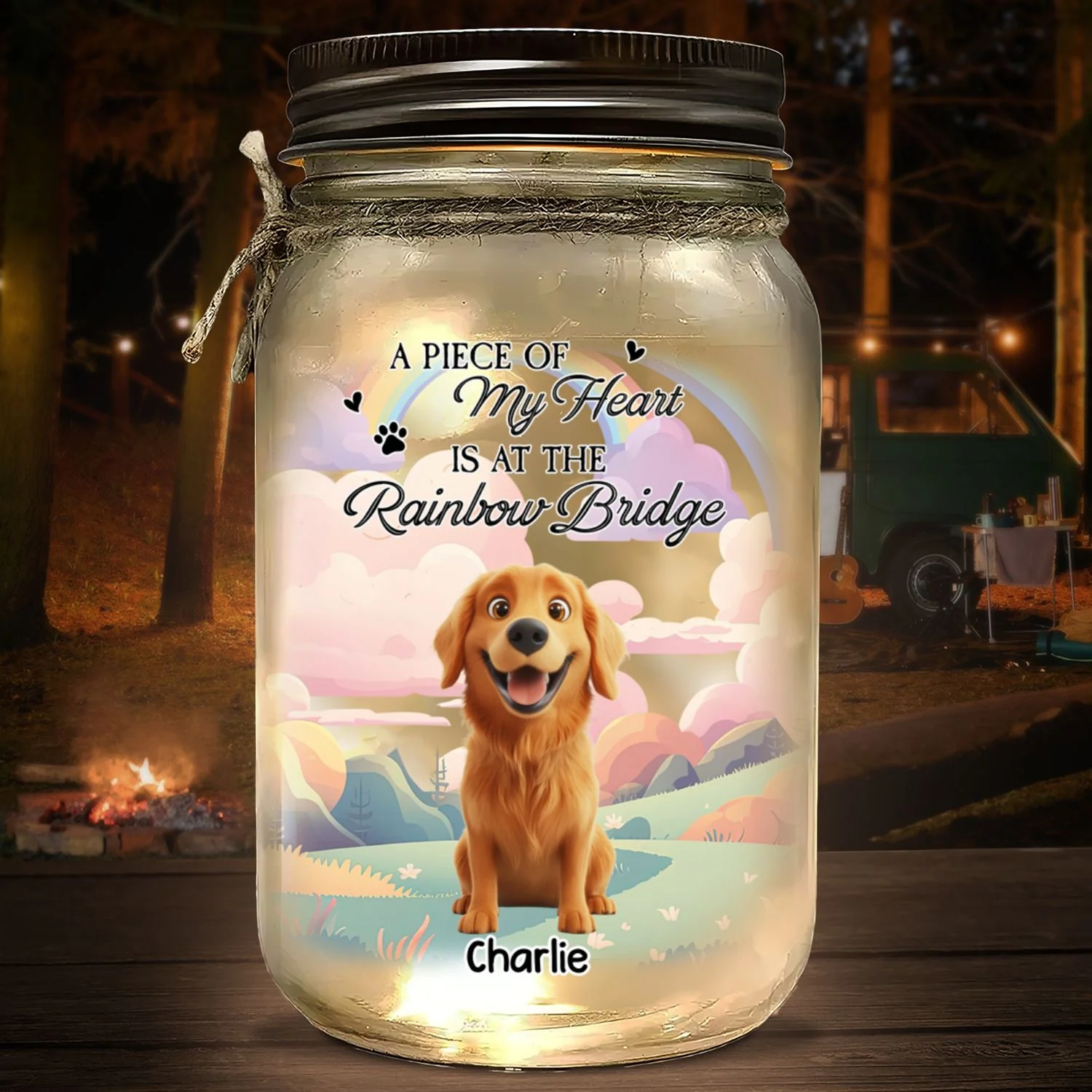 A Piece Of My Heart Is At The Rainbow Bridge - Personalized Custom Mason Jar Light - Image 5