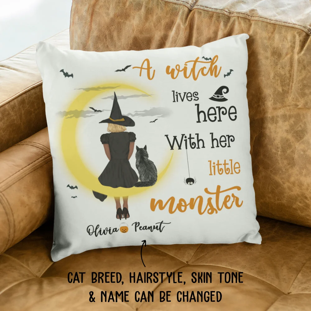 A Witch Lives With Her Little Monster - Personalized Custom Throw Pillow - Image 2