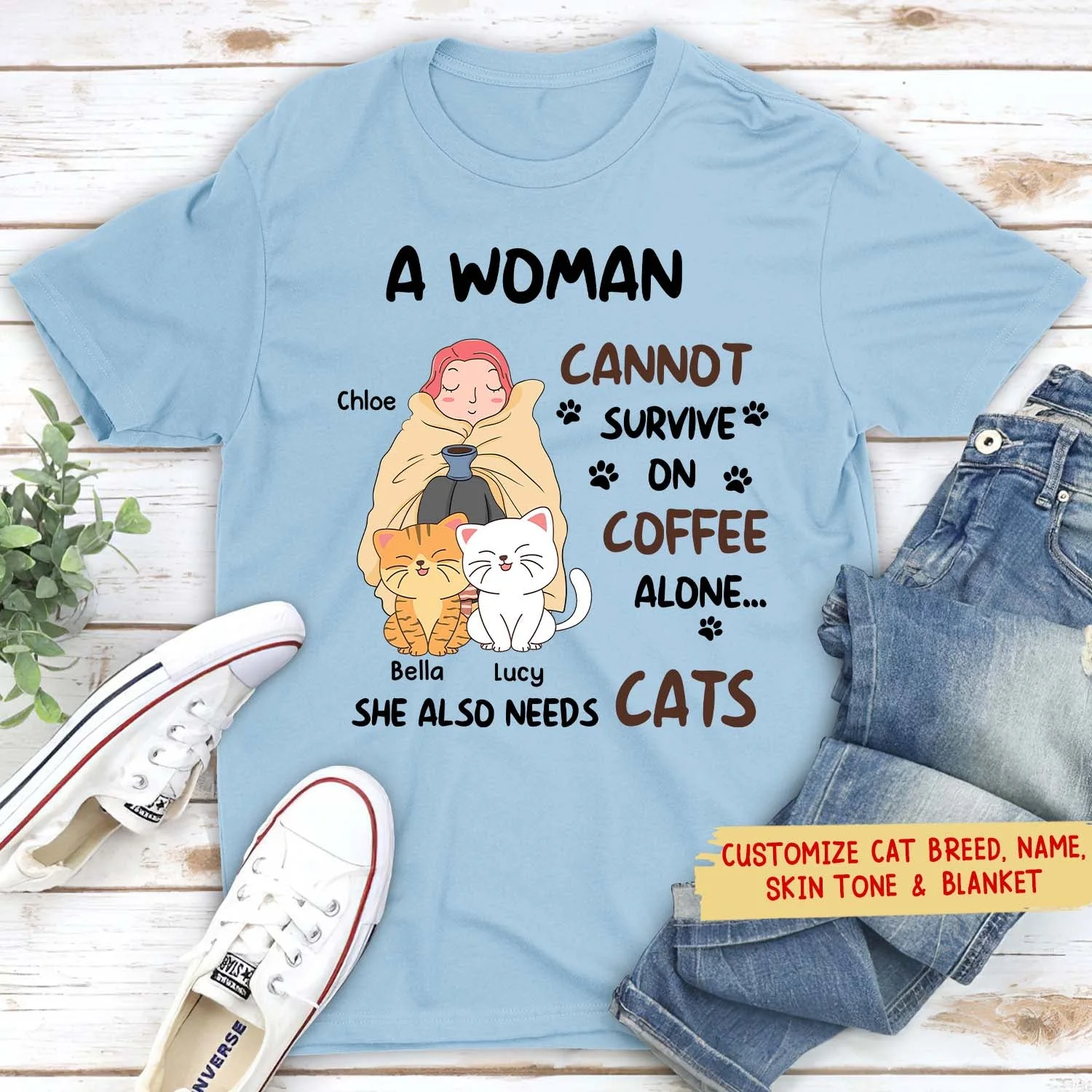 A Woman With Coffee & Cats - Personalized Custom Unisex T-shirt - Image 2