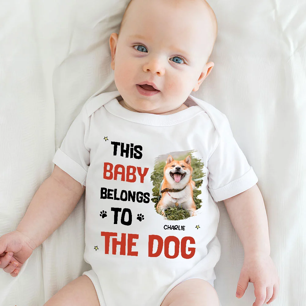 Baby Belongs To Dog Cartoon Photo - Personalized Custom Baby Onesie - Image 2