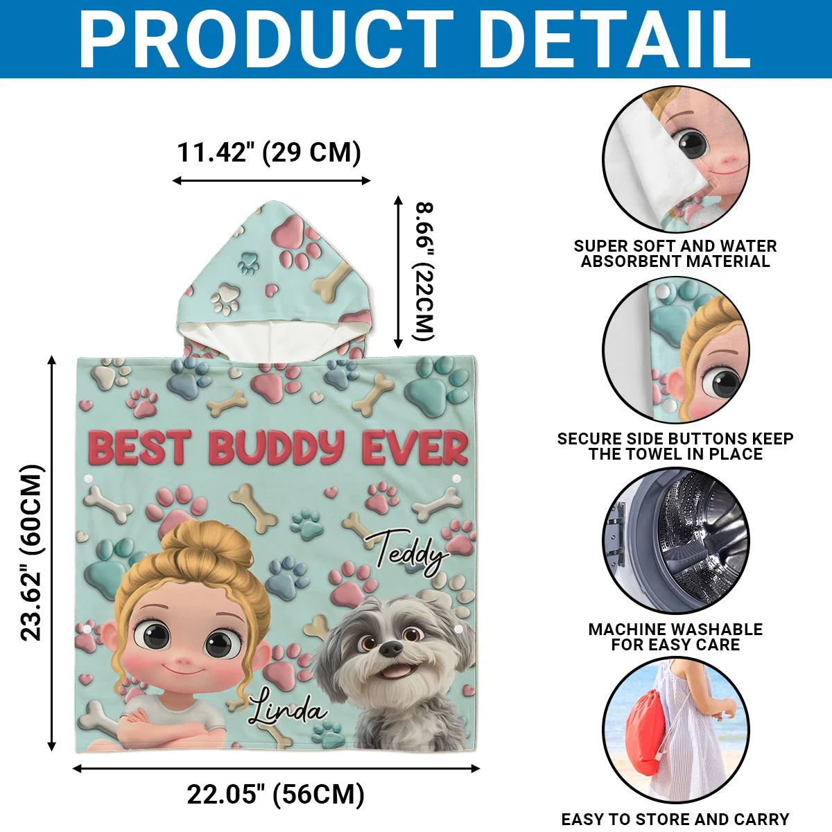 Best Buddy Ever - Personalized Custom Hooded Beach Towel - Image 6