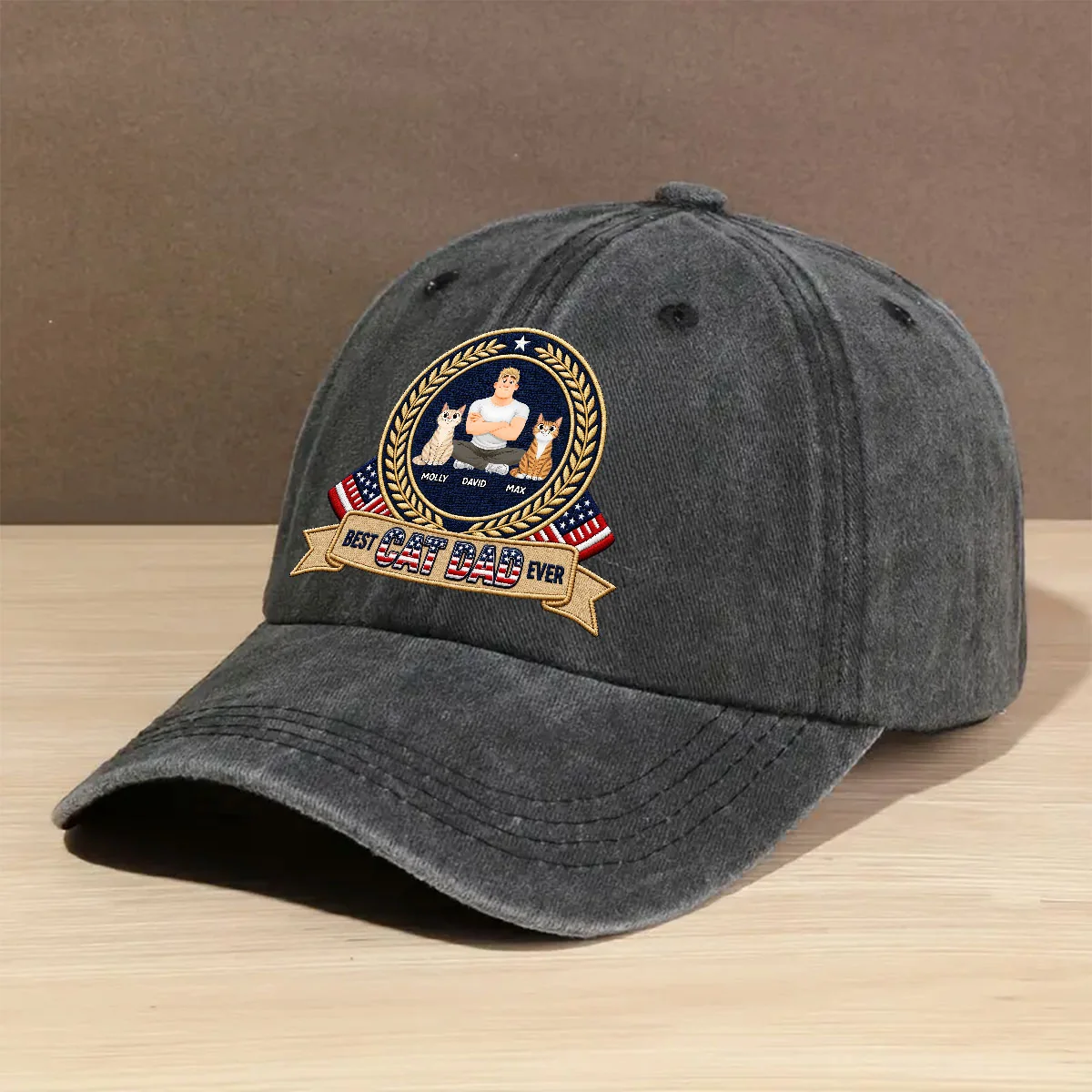 Best Cat Dad Ever - Personalized Custom Vintage Washed Denim Cap - Image 2