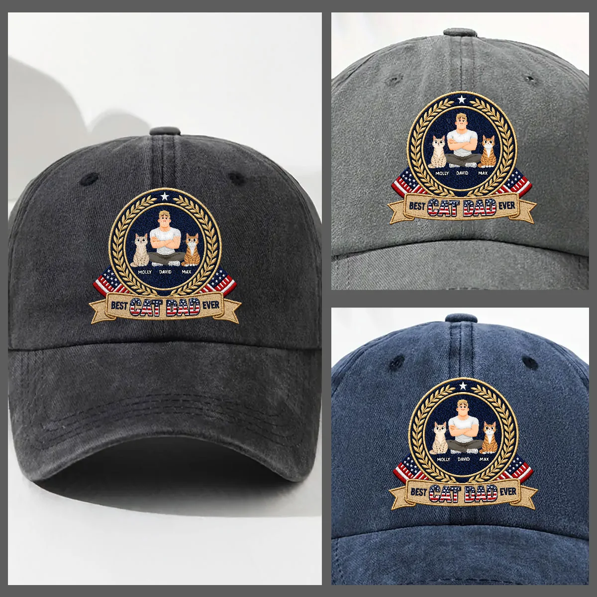 Best Cat Dad Ever - Personalized Custom Vintage Washed Denim Cap - Image 3